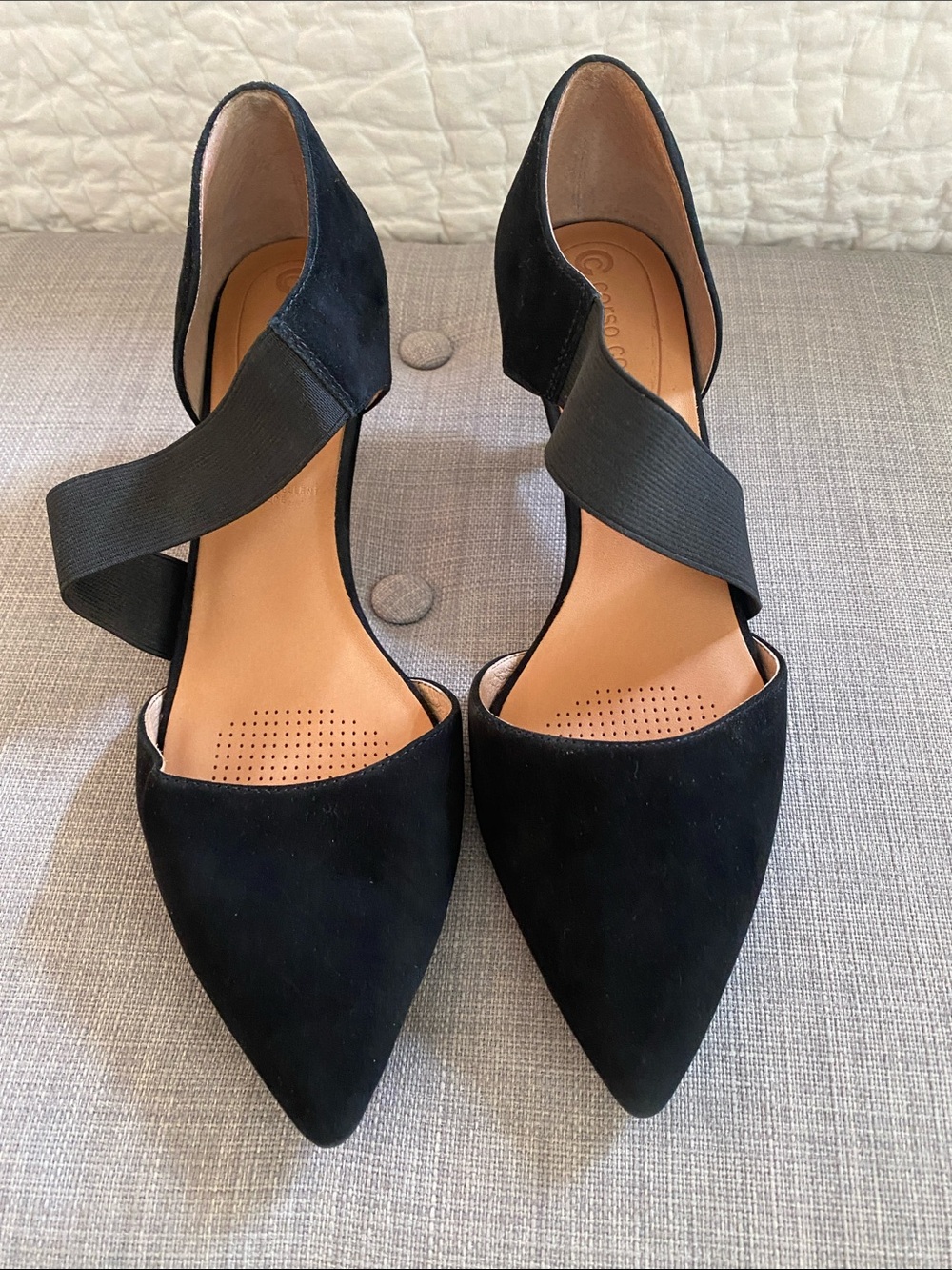 Corso Como Black Pointed Suede D'Orsay Shoes with Elastic Strap